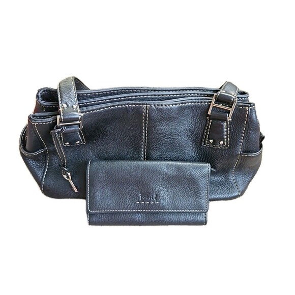 Fossil Black Pebbled Leather Shoulder Bag Satchel And Wallet EUC - Picture 1 of 16